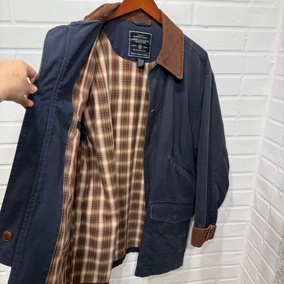 Vintage American Eagle Corduroy Canvas Chore Barn Coat Navy Flannel Mens Sml - Picture 2 of 12